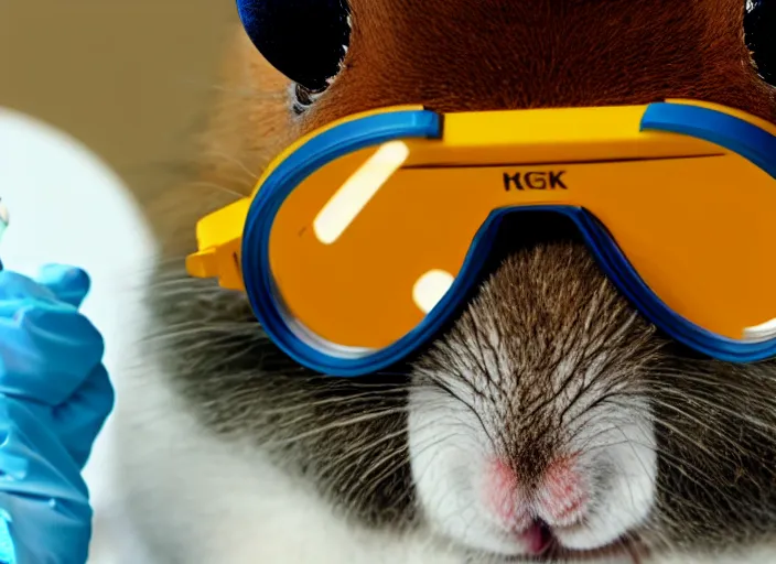 Image similar to film still of a hamster wearing goggles working in a research lab finding the cure for cancer, 8 k