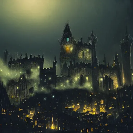 Image similar to fantasy dark medieval gothic cityscape on hill, painting, lights, darkness, lanterns, fog, people in the streets, small buildings, city wall, smoke, dark fantasy, magic the gathering, blue tint, detailed, sharp focus, hyperrealistic, fantastic artwork, 4 k, artstation, high fantasy, volumetric lighting, strong contrast, dark sky, far shot