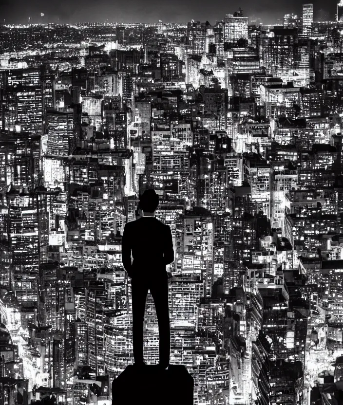 Prompt: human standing on top of tall building, watching the city at night, noir comics style, sharp focus, less detailes, 8 k, high resolution