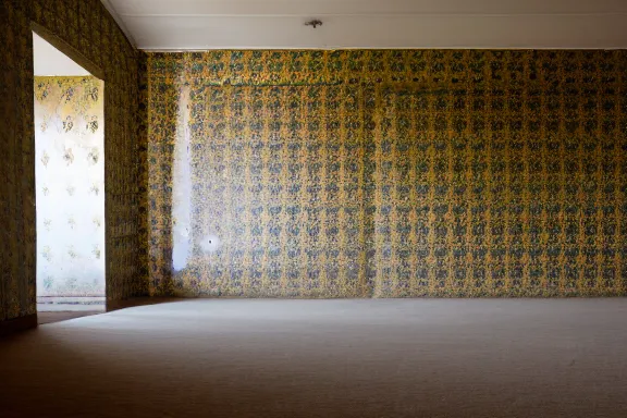 Image similar to an endless space of empty intertwining rooms with old yellowed wallpaper from the 1970s and beige carpet lit by tungsten lights