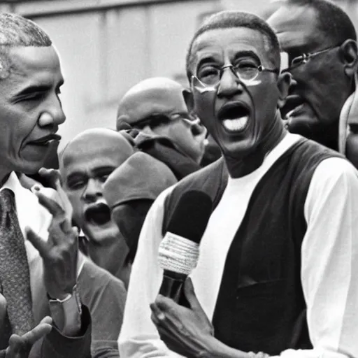 Image similar to Barack Obama having a rap battle against Ghandi, historical photo, 1962