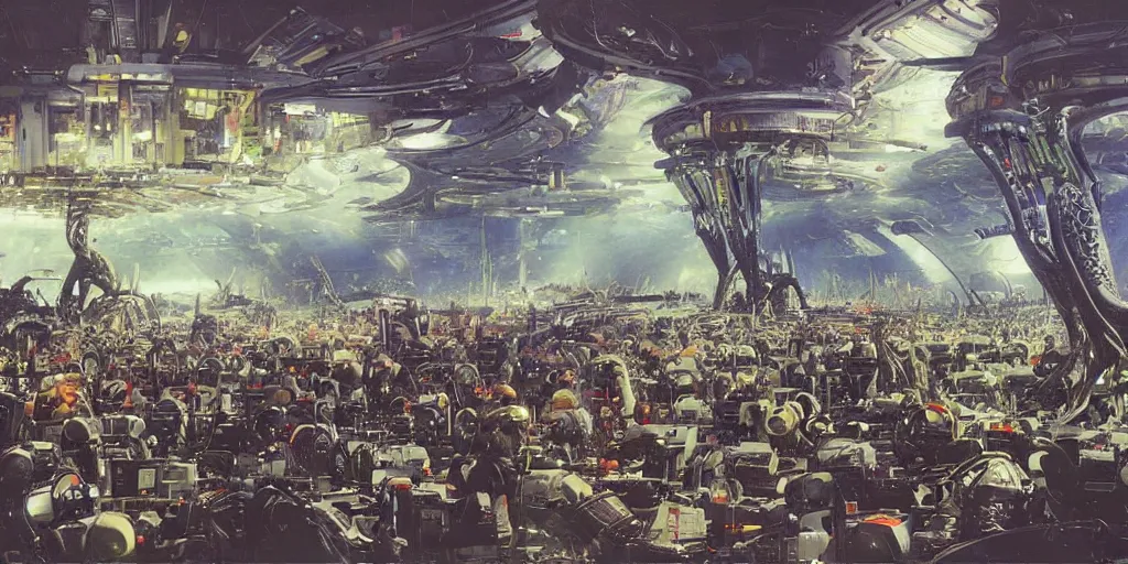 Image similar to aliens praying in a futuristic church, concept art by Ralph McQuarrie, by John Berkey, oil on canvas, highly detailed, science fiction