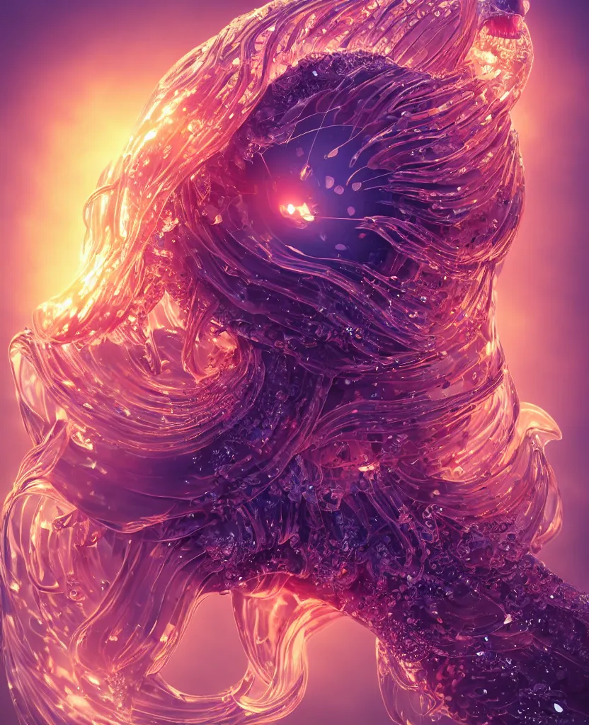 Image similar to close-up macro portrait of the face of a beautiful princess, epic angle and pose, symmetrical artwork, 3d with depth of field, blurred background, cybernetic jellyfish female face skull phoenix bird, translucent, nautilus, energy flows of water and fire. a highly detailed epic cinematic concept art CG render. made in Maya, Blender and Photoshop, octane render, excellent composition, cinematic dystopian brutalist atmosphere, dynamic dramatic cinematic lighting, aesthetic, very inspirational, arthouse. y Greg Rutkowski, Ilya Kuvshinov, WLOP, Stanley Artgerm Lau, Ruan Jia and Fenghua Zhong