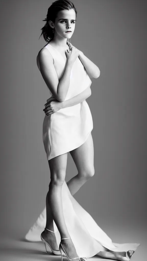 Prompt: an extremely beautiful studio photo of emma watson wearing heels and wearing a white dress, in a white room, pale skin, bokeh, very very beautiful!, hard focus, full body shot, 9 0 mm, f / 1. 4