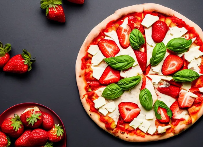 Image similar to A delicious plate of a big pizza with strawberries on, extra cheese, close up food photography, studio lighting, Sigma 35mm f/1.4