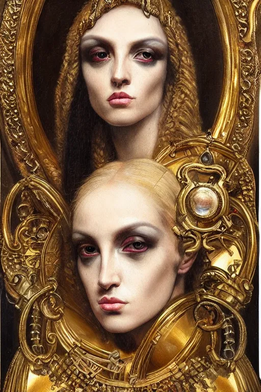 Image similar to hyper realistic painting portrait of punk queen, occult diagram, elaborate details, detailed face, intrincate ornaments, gold decoration, occult art, oil painting, art noveau, in the style of roberto ferri, gustav moreau, jean delville, bussiere, andrew gonzalez