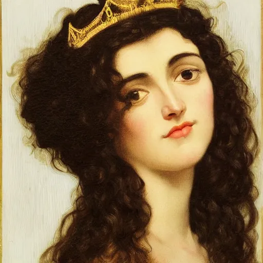 Prompt: oil painting of a portrait of a Queen dark curly hair, fair skin, by Bouguereau, by Patrick Nagel, by Georgia O Keeffe, by Gustave Moreau, art deco, matte drawing, storybook illustration, tonalism, realism