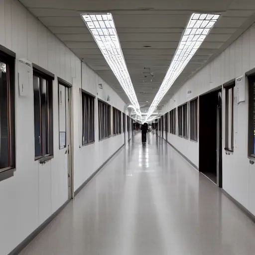 Prompt: a vast seemingly endless hallway leading to school classrooms