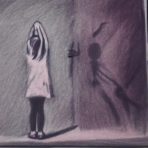 Prompt: a child\'s crayon drawing, showing a girl standing, holding hands of her monochrome transparent parents, looking at a building on fire, from behind, album cover