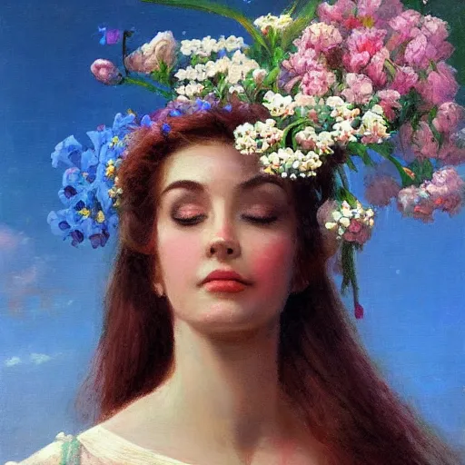 Image similar to a portrait of a romantic woman with flowers grow out of hair, roses peonies forget-me-nots dahlias lupins gladioli, sky theme in background, by Alexandr Averin, Digital Art, Trending on artstation