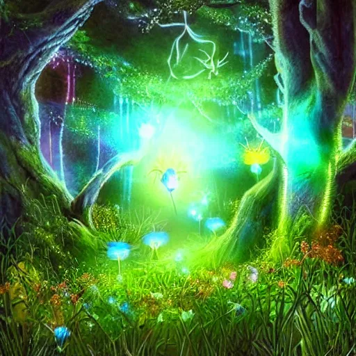 Prompt: beautiful glowing pixies in a fantasy forest