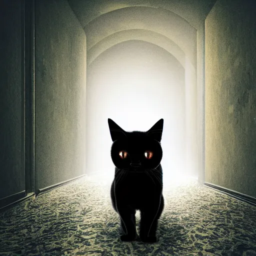 Image similar to a full-body shot of a black void cat with golden glowing eyes at the end of a scary hallway, fairytale, nightmare, hauntingly beautiful, elegant, super detailed, Octane render, reflections