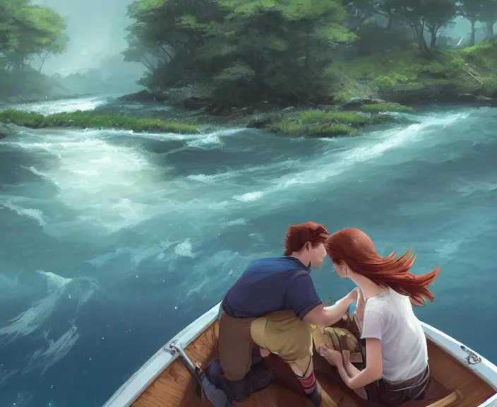 Image similar to a young man and young woman sitting together on one single boat. Romantic. Girl has auburn hair. Boy has short black hair. Narrow river in a forest, rocky shore, trees, shady, blue waters, ripples, waves, reflections, details, sharp focus, illustration, by Jordan Grimmer and greg rutkowski, Trending artstation, pixiv, digital art