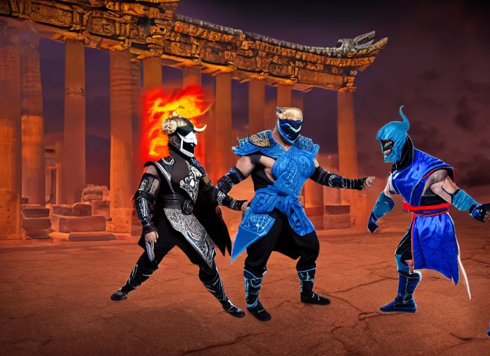 Image similar to trump dressed as scorpion fights biden dressed as sub zero in mortal kombat on the background of an ancient temple with a giant shao kahn laughing. fantasy magic style. highly detailed 8 k. intricate. lifelike. soft light. sony a 7 r iv 5 5 mm. cinematic post - processing