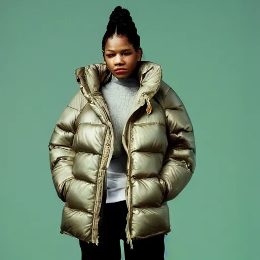 Image similar to realistic! photoshoot for a new balenciaga lookbook, color film photography, portrait of a beautiful woman wearing a puffer jacket, photo in style of tyler mitchell, 35mm