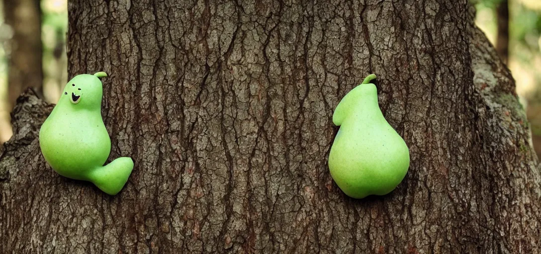 Prompt: a cute green pear animal walking in front of a forest, and looking at the camera; pear skin; nature photography