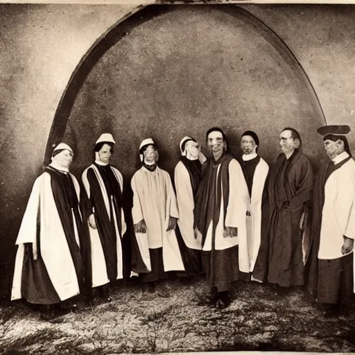 Prompt: worshippers dressed in robes belonging to the cult of the windmill. Dilapidated 1800s windmill. 1800s photo.