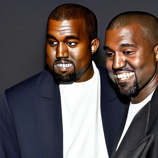 Prompt: Kanye East telling Kanye West jokes, both laughing and having a good time