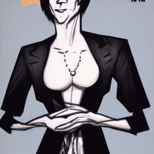 Prompt: A photgraphic portrait of the character, Desire, a tall, smiling androgyne with black hair and a grey pinstripe suit, studio lighting, medium shot, Life Magazine, 1978, Vertigo Comics, The Sandman written by Neil Gaiman, against a stormy sky