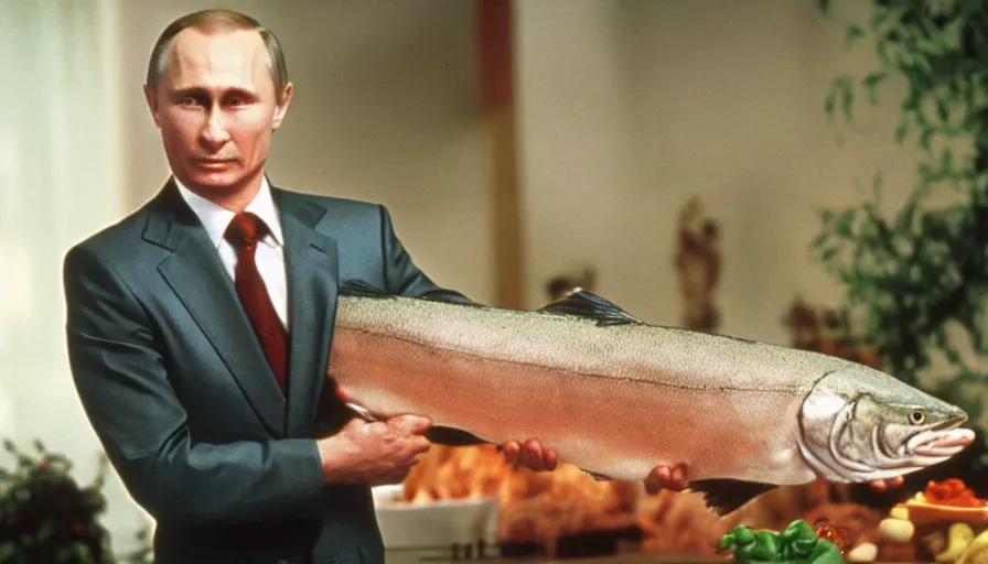 Image similar to 7 0 s movie still of putin in teleshopping show, proudly holding a salmon. cinestill 8 0 0 t _ 3 5 mm eastmancolor, heavy grain, high quality, high detail