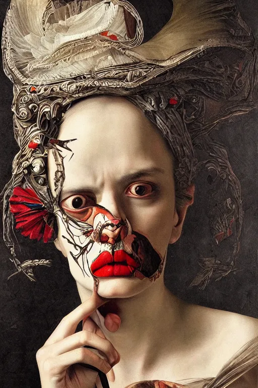 Image similar to Detailed maximalist portrait with large lips and with large white eyes, angry expression, HD mixed media, 3D collage, highly detailed and intricate surrealism, illustration in the style of Caravaggio, dark art, baroque