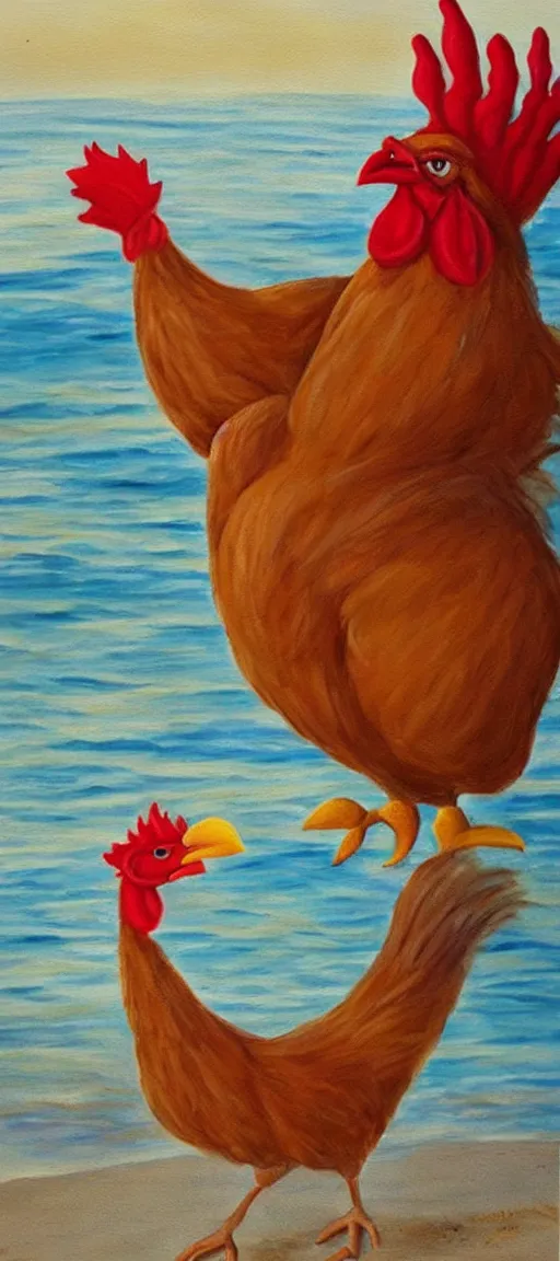 Image similar to beautiful painting of a giant chicken with lips that is eating KFC on the beach