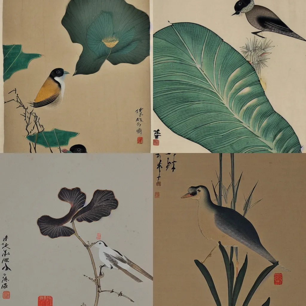 Prompt: a bird stands on the lotus leaf, Chinese painting, highly detailed