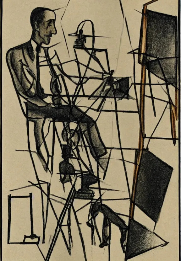 Image similar to a concept drawing of marcel duchamp holding up a chess - piece wire - machine, a surrealist painting by marcel duchamp, complex artificial - intelligence machinery, minimal sketch flow - chart, academic art, 1 9 2 0 s