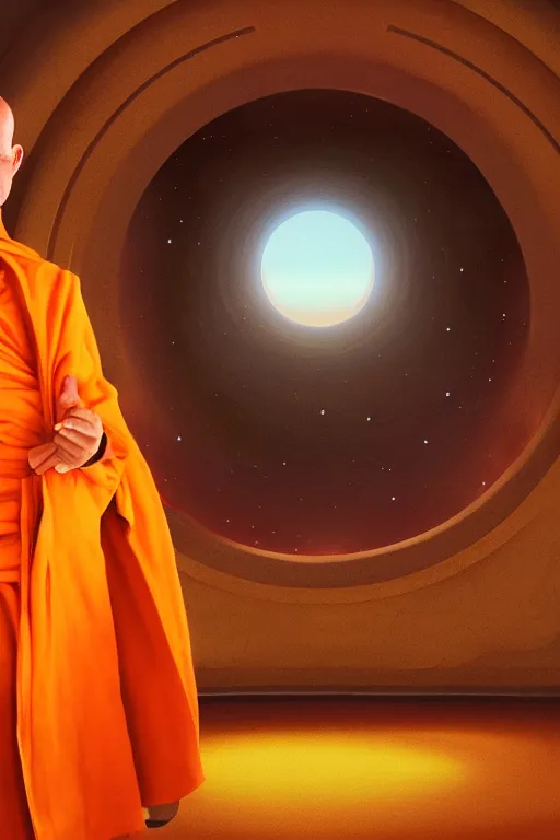 Image similar to portrait of a monk in a spaceship, round window, exploding planet, orange robe, dramatic lighting, artstation, matte painting, ralph mcquarrie