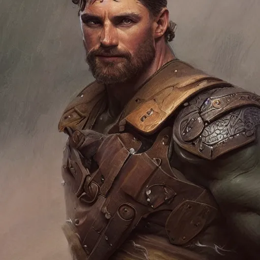 Image similar to portrait of a rugged ranger, muscular, upper body, D&D, fantasy, intricate, elegant, highly detailed, digital painting, artstation, concept art, smooth, sharp focus, illustration, art by artgerm and greg rutkowski and alphonse mucha