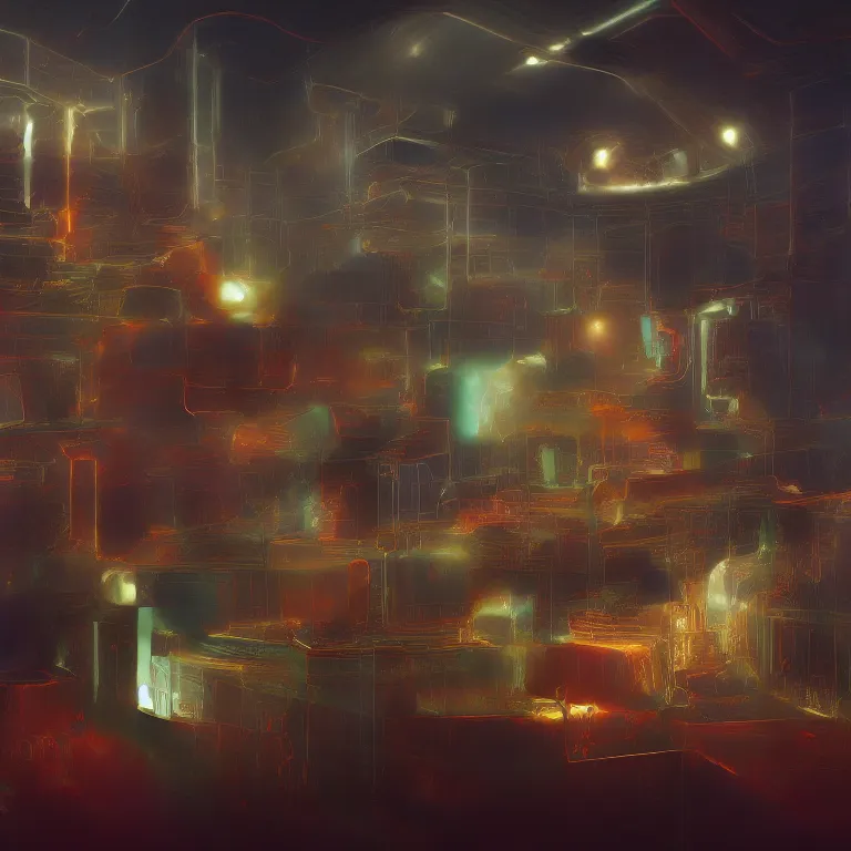 Image similar to the nexus of a vast modern computing center and a mad alchemist\'s lab with exposed circuit boards, nixie tubes and tesla coils. immaculate octane redshift concept art render by Zdzisław Beksiński and beeple, beautiful modern colors, ultradetailed, 4k ultra