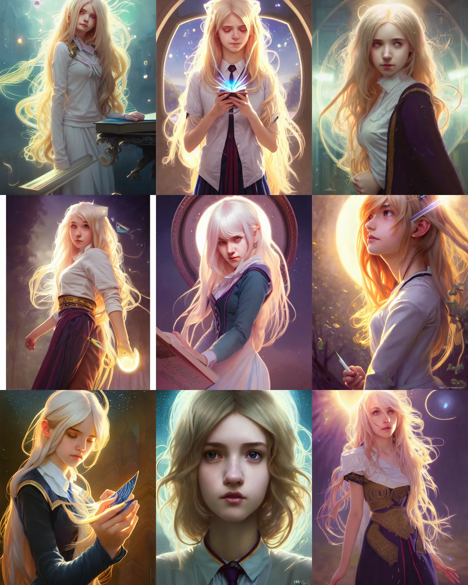 Prompt: portrait of a busy young adult college female, magic uniform university, light - coloured hair, large messy hair style, fantasy building, intricate, sharp focus, lens flare, bloom, rim light, illustration, highly detailed, digital painting, concept art, matte, art by wlop and artgerm and greg rutkowski and alphonse mucha, masterpiece