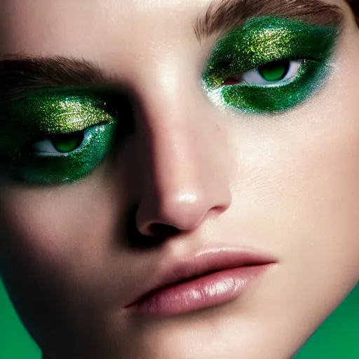 Prompt: photo of beautiful model with subtle green eye shadow, photo by annie leibovitz and mert and marcus, beauty campaign, photoshoot, closeup, real life skin, sharp focus