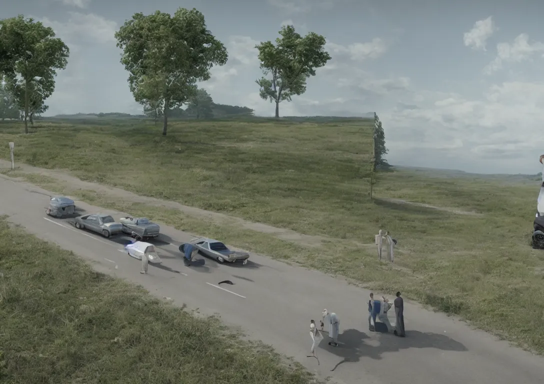 Prompt: a roadside picnic along an haunted liminal highway in 1974 by Leandro Erlich, Victor Enrich, and James Gilleard, 3D volumetric cinema, rendered in Octane FX, hyperrealistic, LIDAR camera .