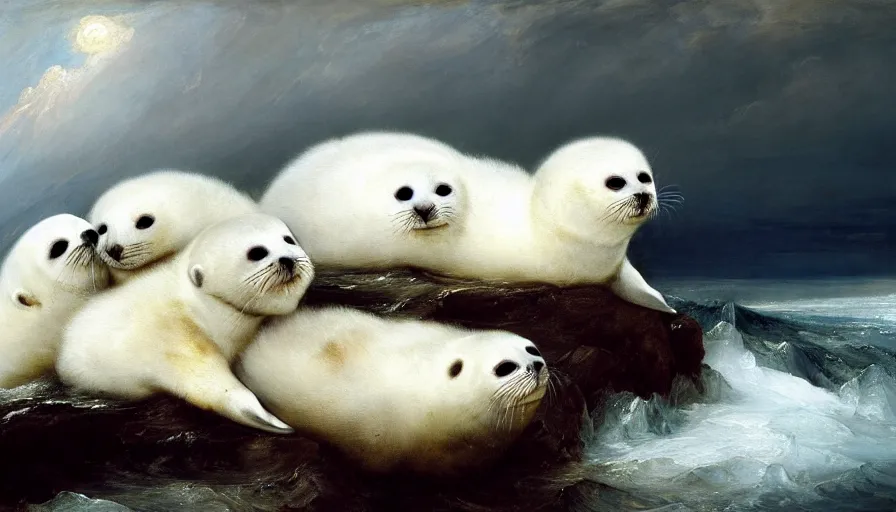 Prompt: highly detailed painting of cute furry white baby seals cuddling into each other on an iceberg by william turner, by greg rutkowski, by william constable, thick brush strokes and visible paint layers, 4 k resolution