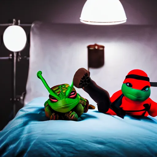 Image similar to Danny DeVito and A ninja turtle in bed, cinematic, studio light, 8K,