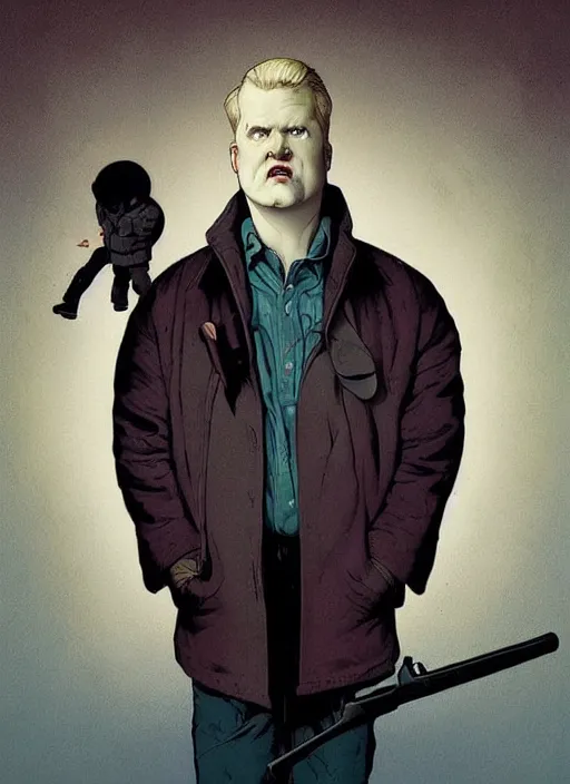 Image similar to poster artwork by Michael Whelan and Tomer Hanuka, Karol Bak of Jim Gaffigan blowing single perfect bubblegum, he's a hitman in peacoat, from scene from Twin Peaks, clean, simple nostalgic, domestic, norman rockwell