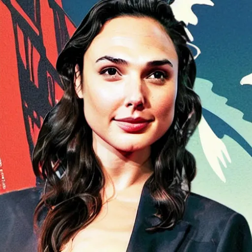 Prompt: gal gadot's beautiful face is in the great wave by hokusai