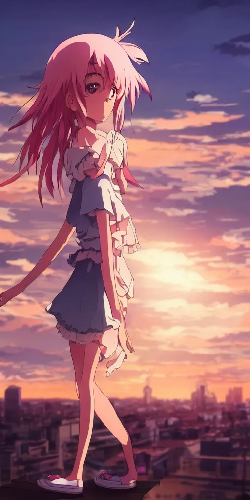 Image similar to anime art, anime key visual of a cute elegant anime girl with pink hair and big eyes, city rooftop at sunset with clouds, golden hour sunset, background blur bokeh!, beautiful lighting, high quality illustration, studio ghibli