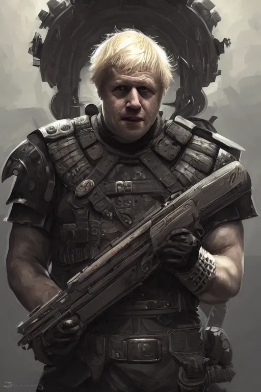 Image similar to Boris Johnson as Punisher with a skull on the armor plate, portrait,, highly detailed, digital painting, artstation, concept art, smooth, sharp focus, illustration, cinematic lighting, art by artgerm and greg rutkowski and alphonse mucha