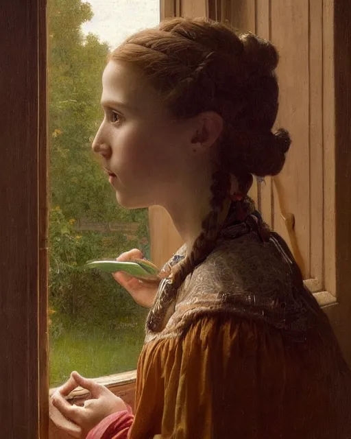 Prompt: a window - lit realistic portrait painting of a thoughtful girl resembling a young, shy, redheaded alicia vikander or millie bobby brown wearing peasant clothes by an open window, highly detailed, intricate, concept art, artstation, by donato giancola, vermeer, and william bouguereau