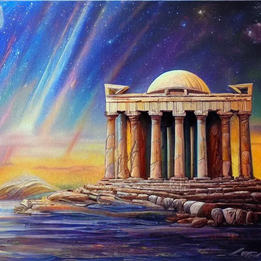 Prompt: hellenic architecture, galactic astral realm journey in oil painting, trending on art station, surrealist art