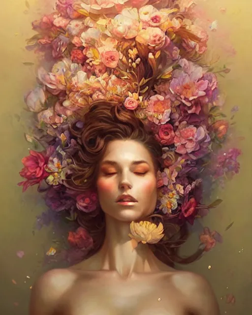 Prompt: Portrait of a woman covered in flowers, vortex of petals and light, radiant, warm glow, artgerm, peter mohrbacher