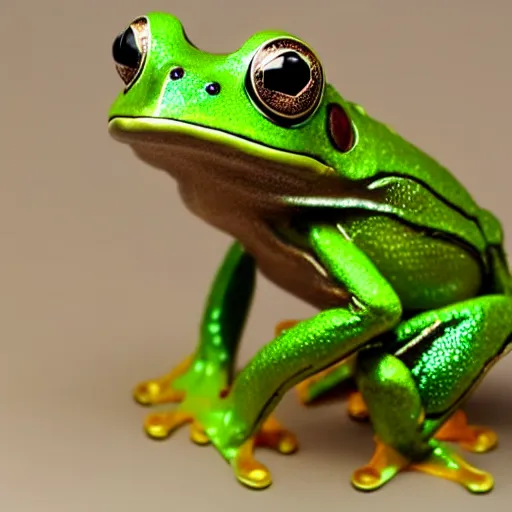 Prompt: a metallic biomechanical green tree frog