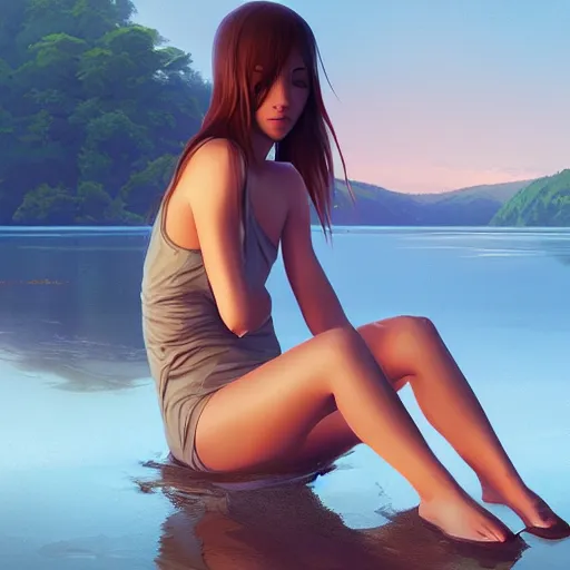 Image similar to woman sitting with her feet in a lake, beautiful and relaxing, very very very long hair, Makoto Shinkai ilya kuvshinov and Wojtek Fus