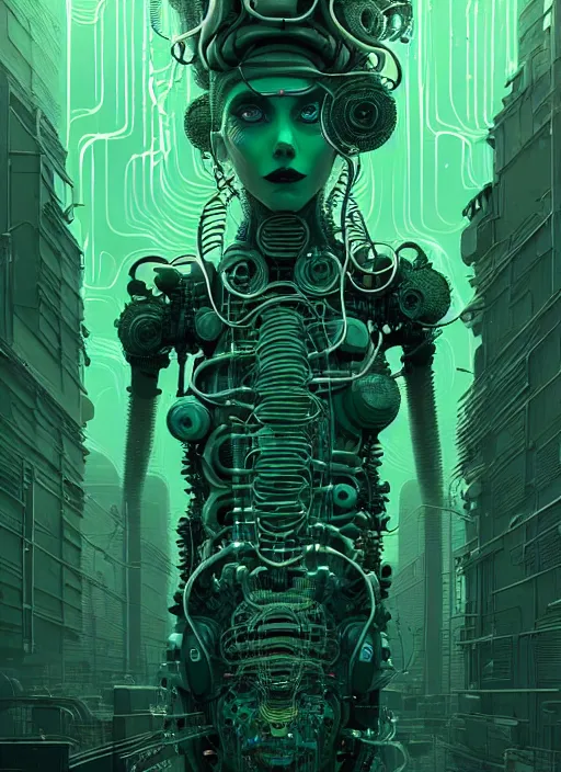 Image similar to highly detailed portrait of a biopunk long curly white hair tribal lady, stray wiring by atey ghailan, james gilleard, by joe fenton, by greg rutkowski, by greg tocchini, by kaethe butcher, 4 k resolution, gradient green, black and white color scheme!!! ( ( green caustic robotic dystopian city background ) )