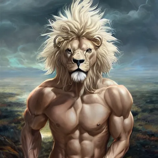 Prompt: aesthetic portrait commission of a albino muscular and attractive anthro lion as a greek god overlord with mane fur turning into cosmic smoke in the clouds, fantasy art, hyperdetailed. Character design by charlie bowater, ross tran, artgerm, and makoto shinkai, detailed, inked, western comic book art, 2021 award winning painting