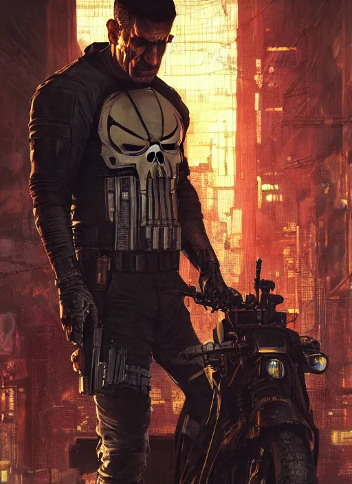 Image similar to the punisher. cyberpunk mercenary in a cyberpunk jumpsuit ( blade runner 2 0 4 9, cyberpunk 2 0 7 7 ). orientalist portrait by john william waterhouse and james gurney and theodore ralli and nasreddine dinet, oil on canvas. cinematic, hyper realism, realistic proportions, dramatic lighting, high detail 4 k