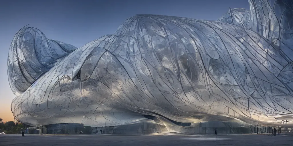 Image similar to extremely detailed ornate stunning sophisticated beautiful elegant futuristic museum exterior by Zaha Hadid, stunning volumetric light, sunset, concrete ant translucent material, stunning skies, 8k dragonfly structural pattern