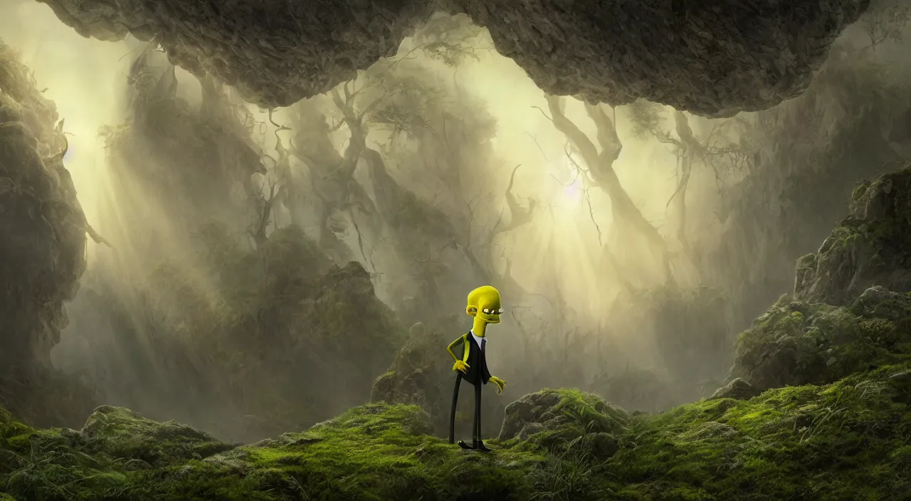 Image similar to photorealistic matte painting of mr burns of the simpsons standing far in misty overgrowth undergrowth jagged rock features volumetric fog light rays high contrast dawn